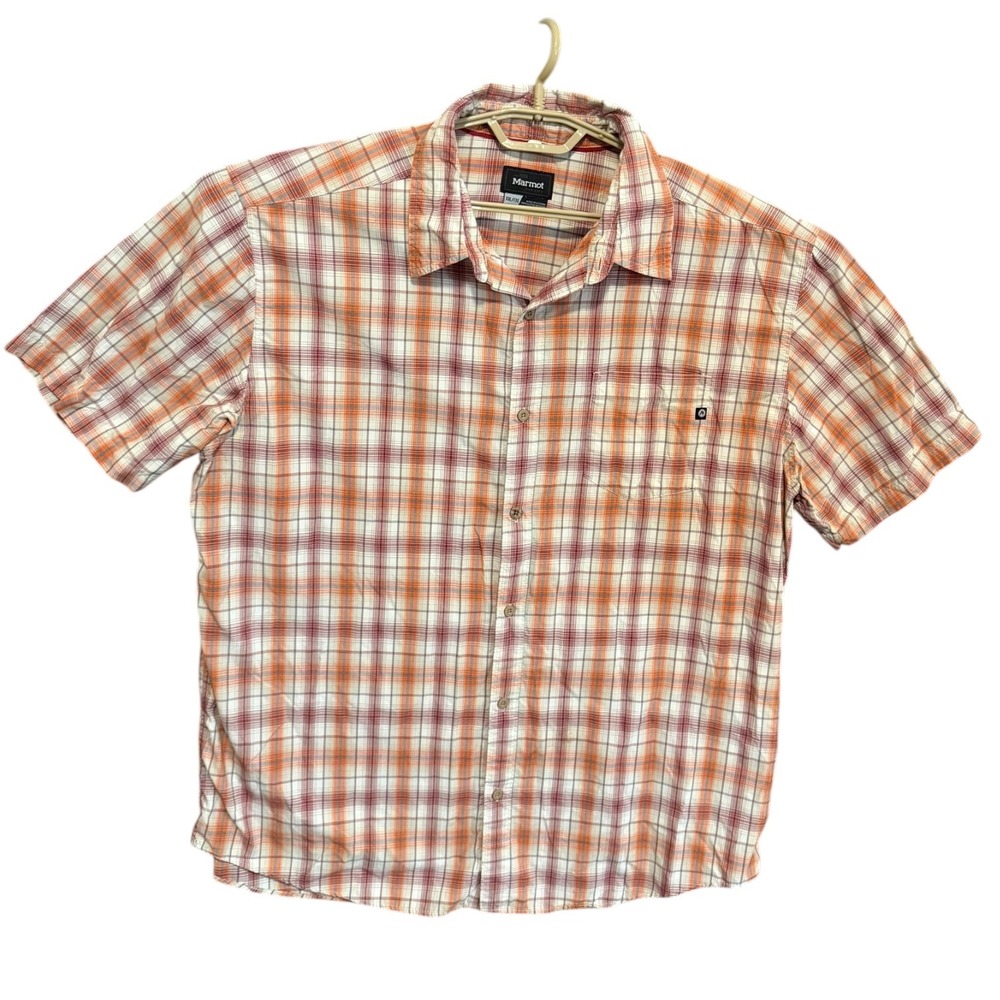 Marmot Men's Eldridge Hiking Shirt Short Sleeve 100% Nylon Plaid Orange Sz XXL